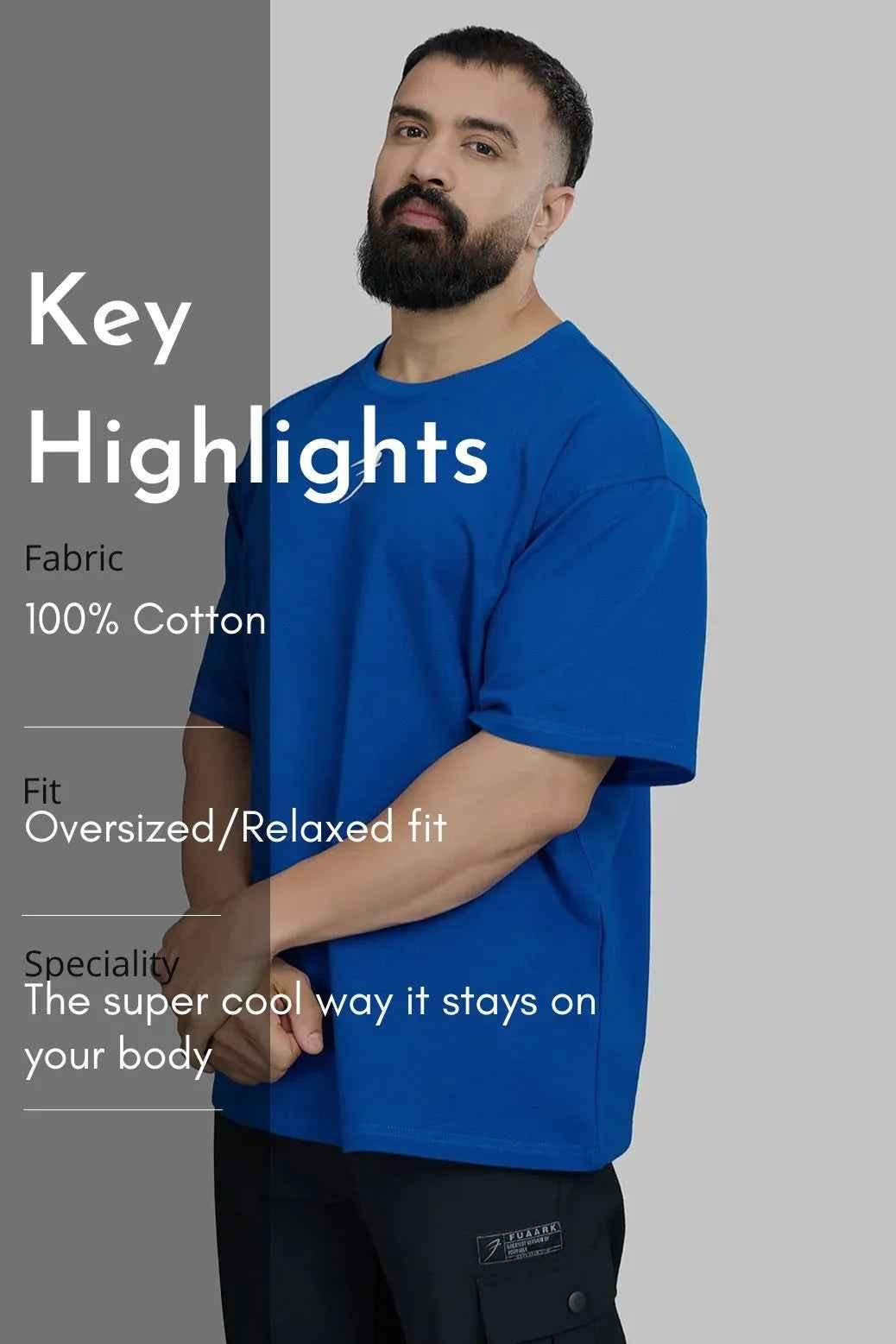 Fuaark Nz royal blue oversized T-shirt for men, featuring a relaxed fit and comfortable fabric, ideal for casual style.