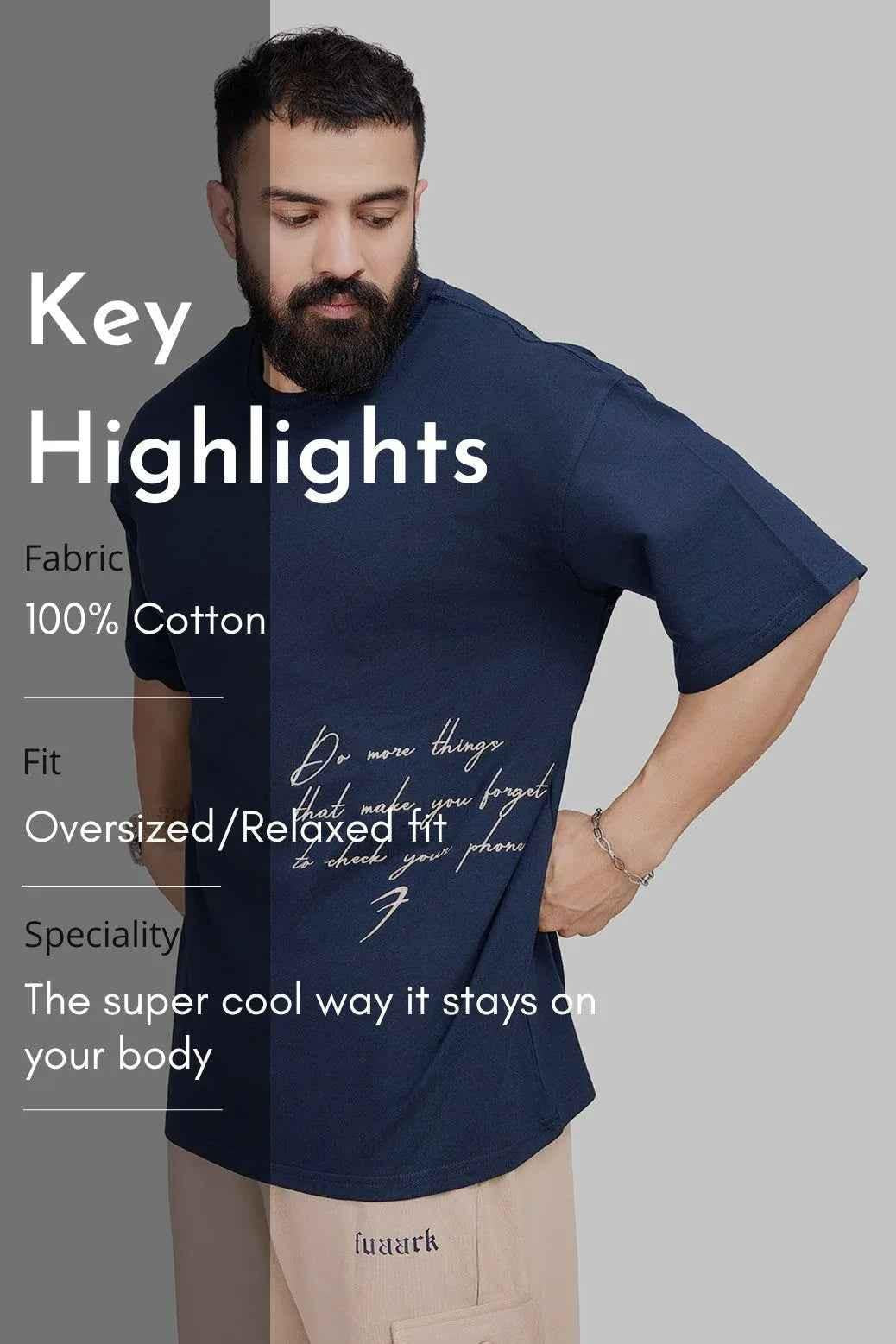 Navy Inspiration oversized T-shirt by Fuaark Nz, relaxed fit casual tee with bold graphic design in a close-up view.