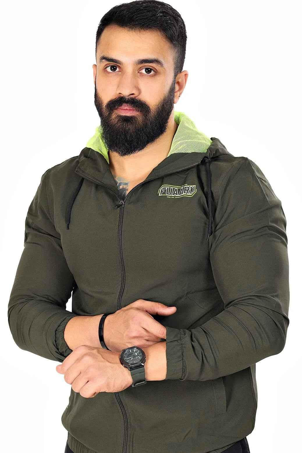 Fuaark NZ Velocity Olive Windbreaker jacket with lightweight fabric and adjustable hood, suitable for outdoor activities.