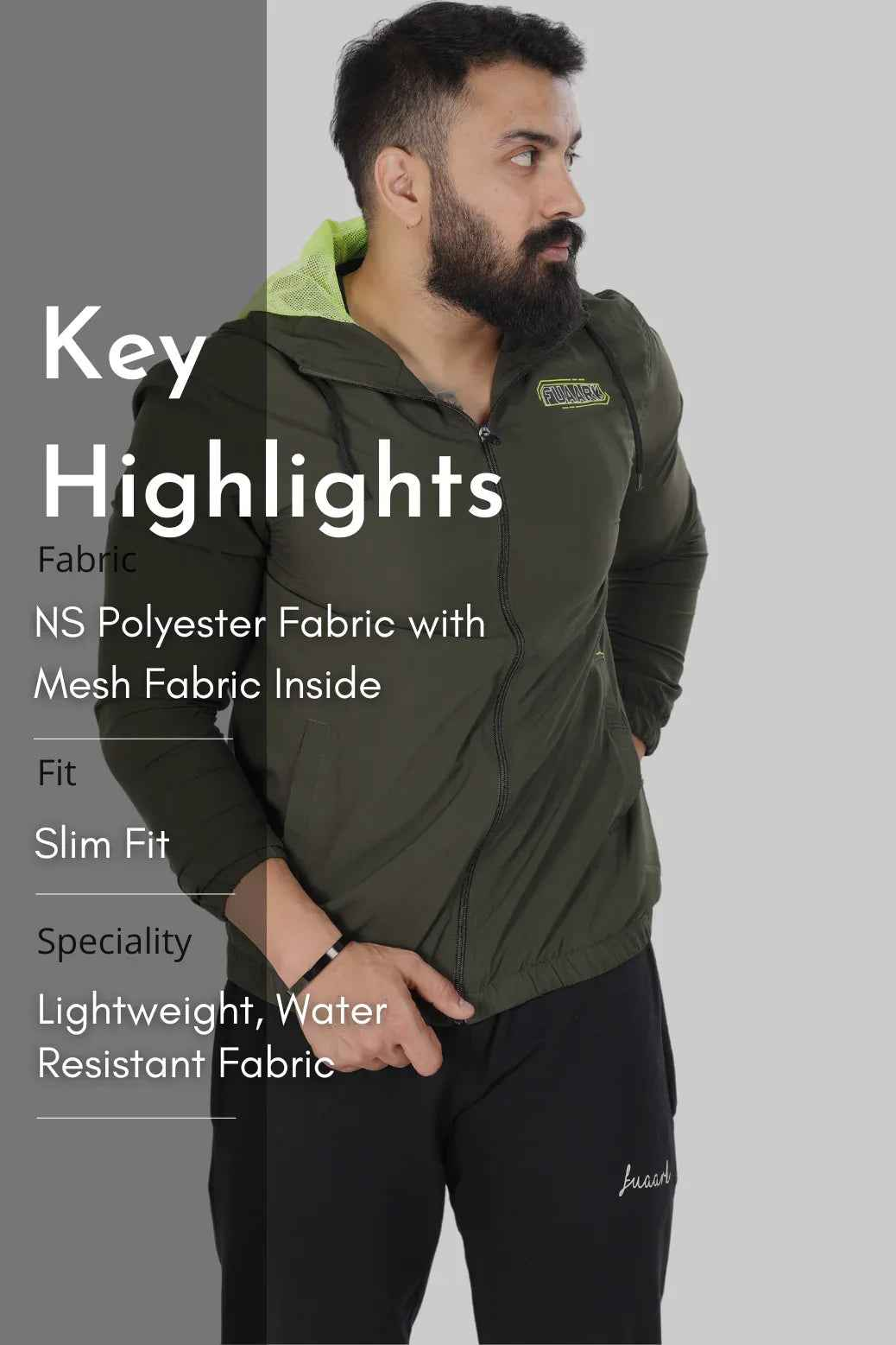 Olive Fuaark Nz Velocity Windbreaker jacket shown on a model, lightweight outdoor windproof jacket for men.
