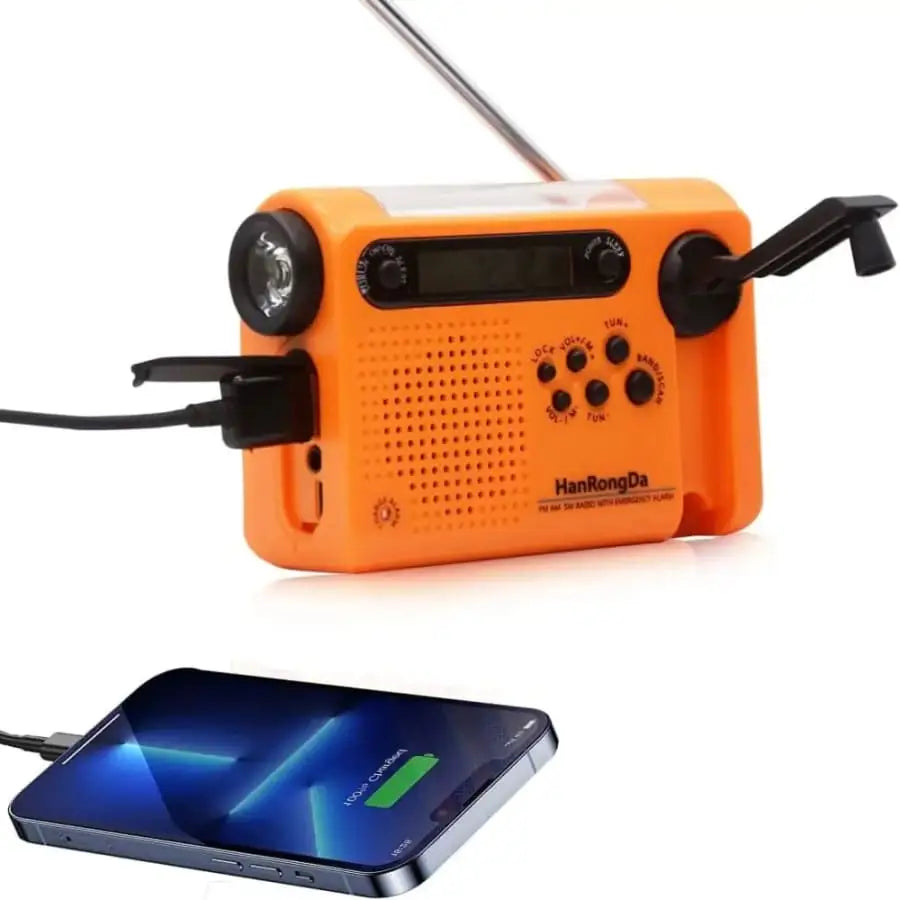 Habicare full-band AM/FM/SW radio with torch, solar panel, hand crank, and power bank in a compact, portable design.