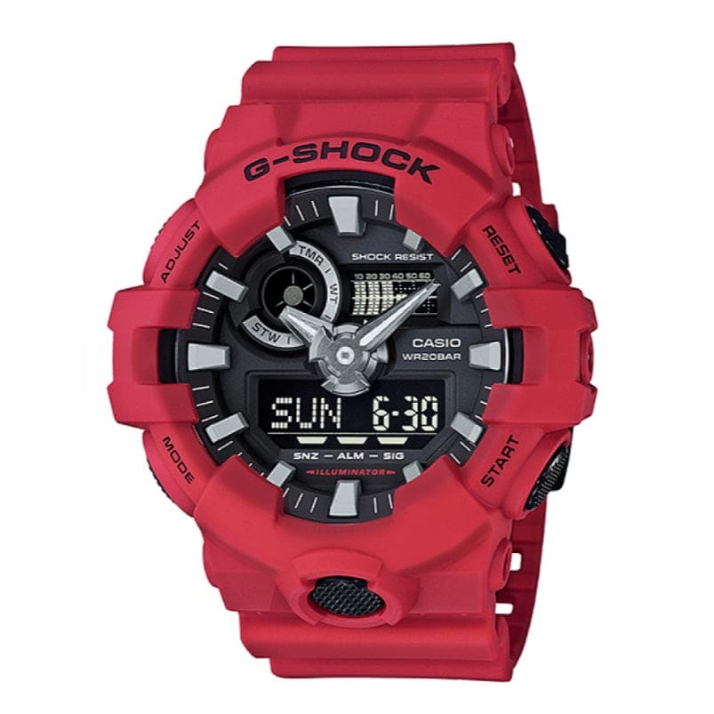 G-Shock GA700-4ACR digital watch featuring a black resin band and rugged design, displayed on a white background.