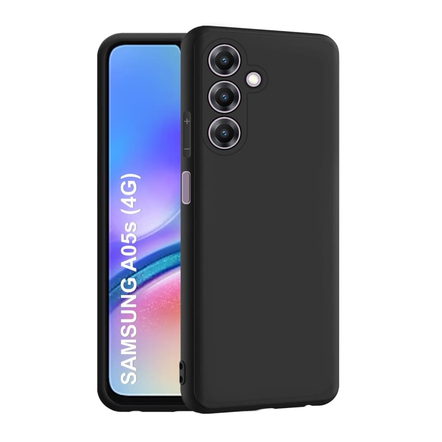 Black protective case and screen protector for Samsung Galaxy A05s by 9eight5, showing the sleek design and precise fit.