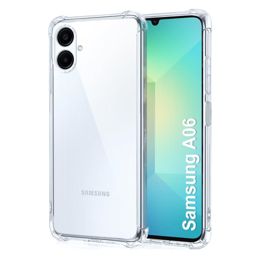 Clear protective case and screen protector for Samsung Galaxy A06 5G by 9eight5, showing a transparent design and precise fit.