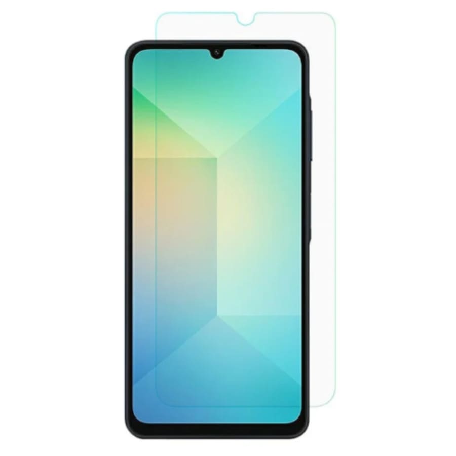 Clear 9eight5 screen protector for Samsung Galaxy A06, showing a close-up of the protective film on the phone screen.