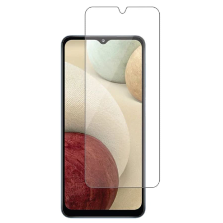 Clear 9eight5 screen protector for Samsung Galaxy A12 Nacho, shown on the phone screen to prevent scratches and damage.