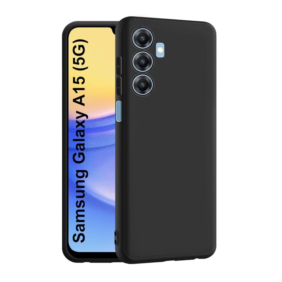 Black protective case and screen protector for Samsung Galaxy A15 5G by 9eight5, showing the sleek design on the device.