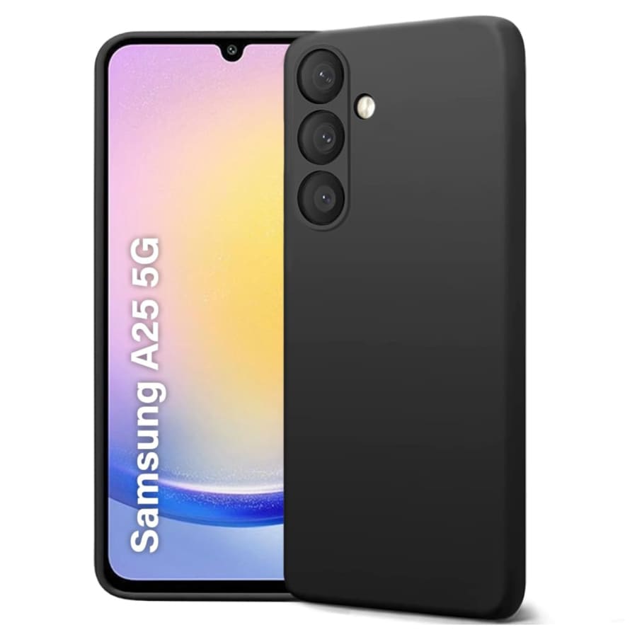 Black protective case and screen protector for Samsung Galaxy A25 5G by 9eight5, showing the case's textured surface and screen coverage.