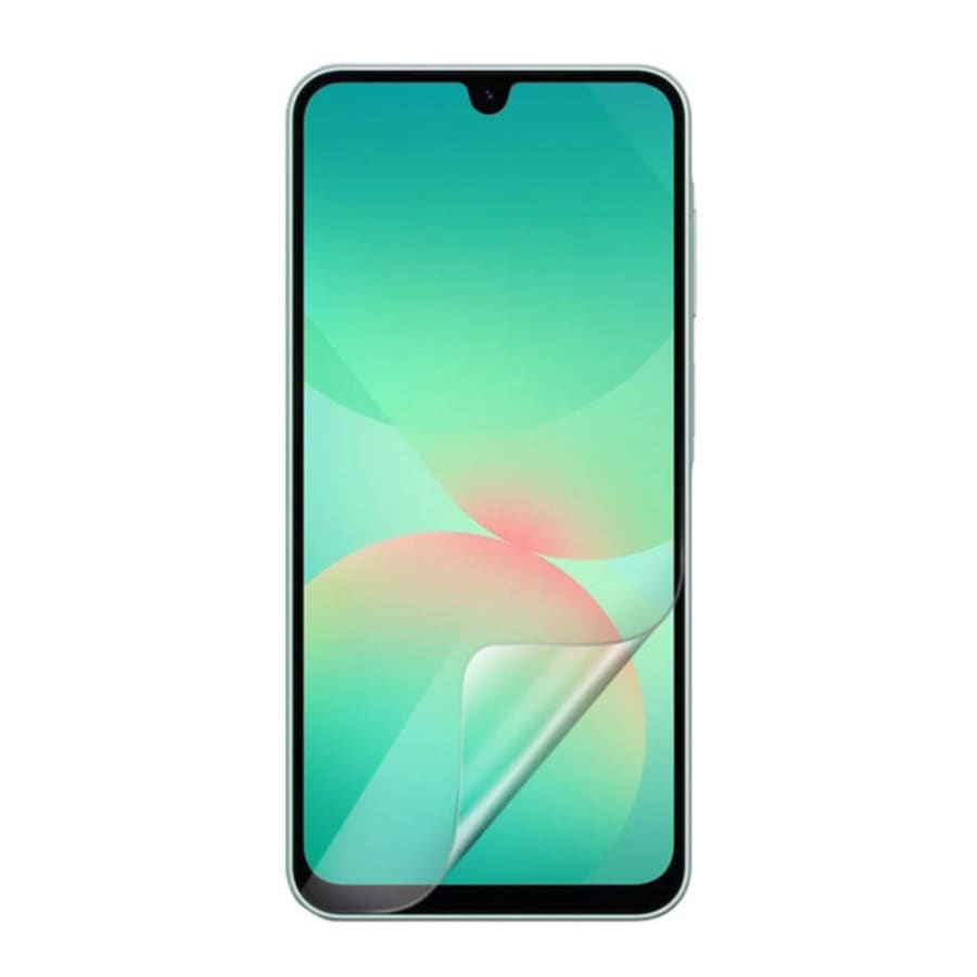 Pack of two 9eight5 hydrogel screen protectors for Samsung Galaxy A26 5G smartphone, showing the clear protectors on the device.