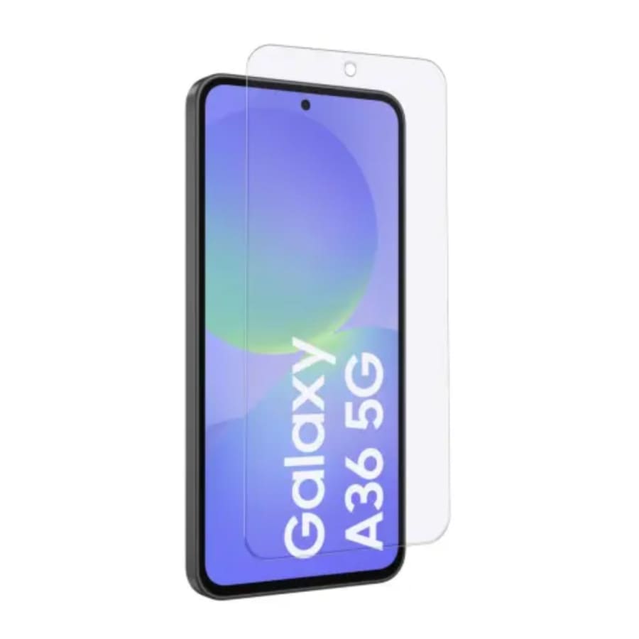 Two 9eight5 screen protectors for Samsung Galaxy A36 5G, clear plastic protectors shown on a white background.