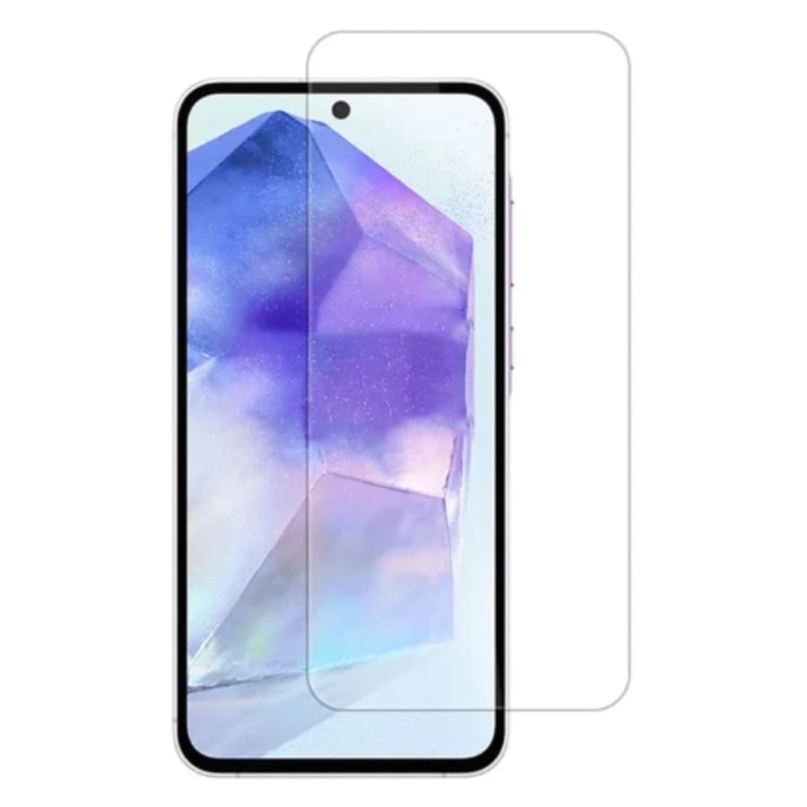 9eight5 screen protector for Samsung Galaxy A55 5G, clear tempered glass covering the phone screen with precise cutouts.