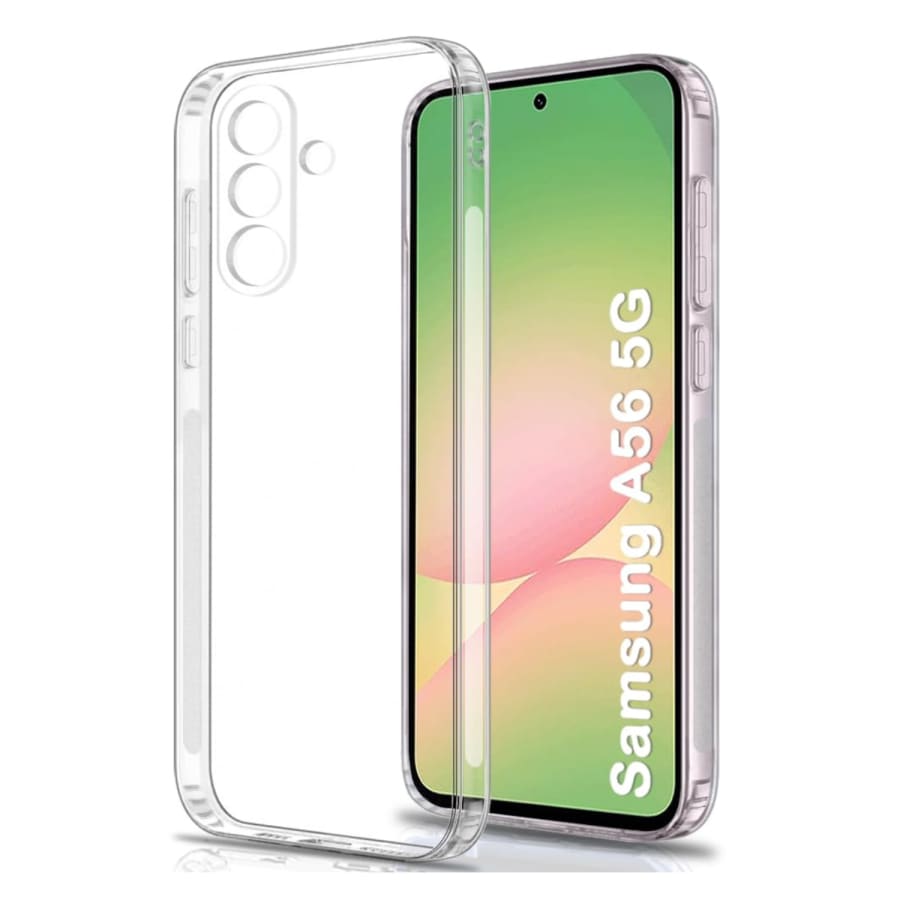 Clear protective case and screen protector for Samsung Galaxy A56 5G by 9eight5, showing the case's transparent design and precise fit.