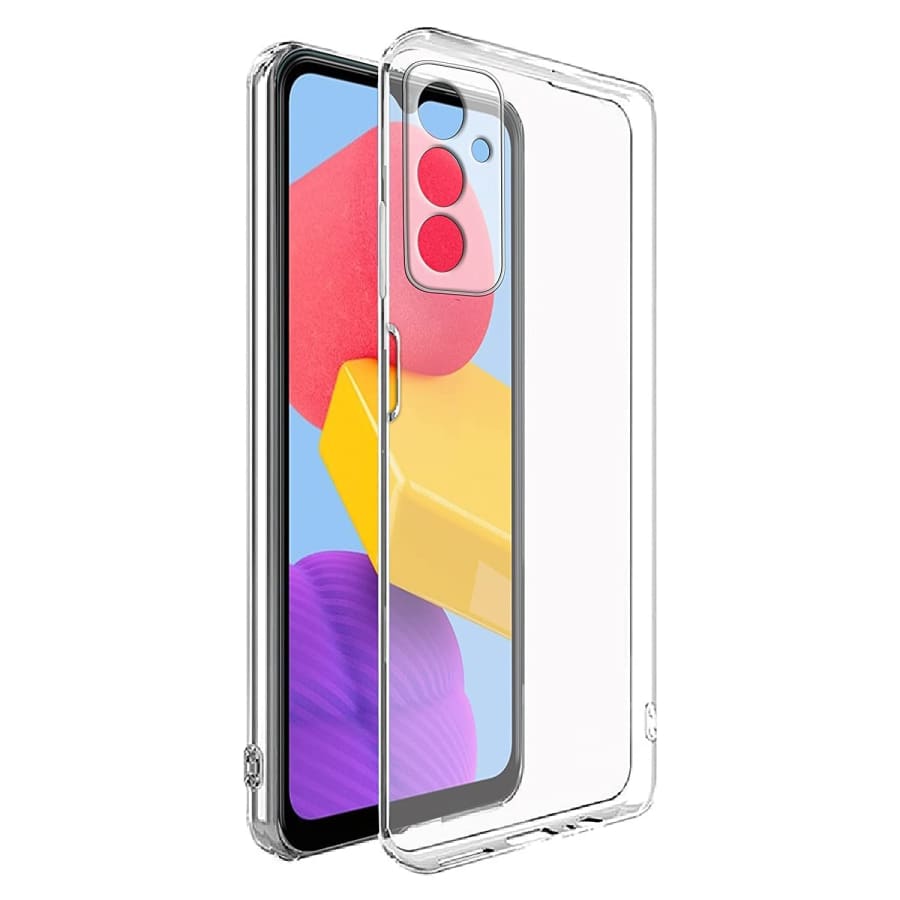 Clear protective case and screen protector for Samsung Galaxy M13 by 9eight5, showing the transparent design on the device.