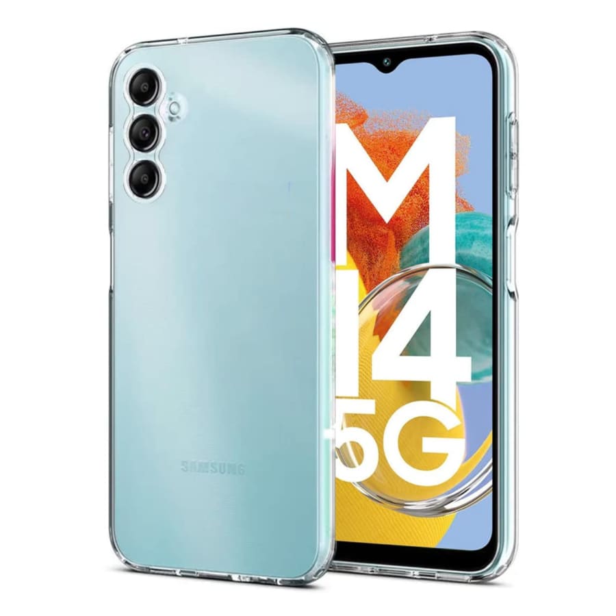 Clear protective case for Samsung Galaxy M14 with built-in screen protector by 9eight5, showing the transparent case on the phone.