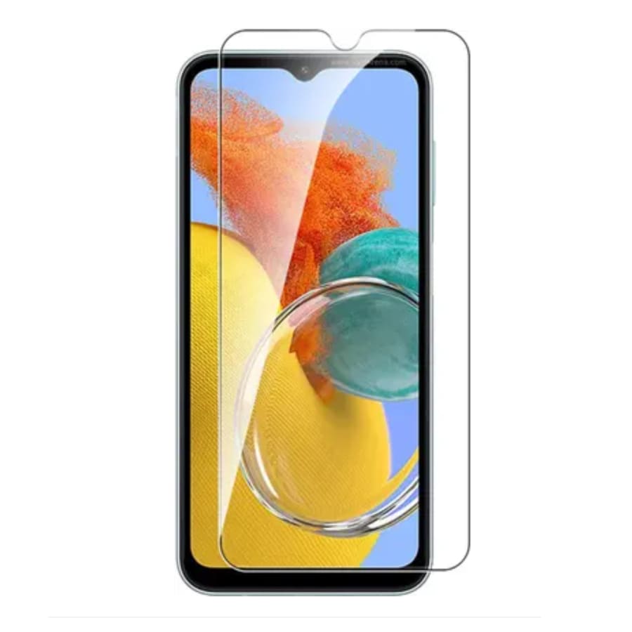 Clear 9eight5 screen protector for Samsung Galaxy M14 showing a close-up of the tempered glass covering the screen.
