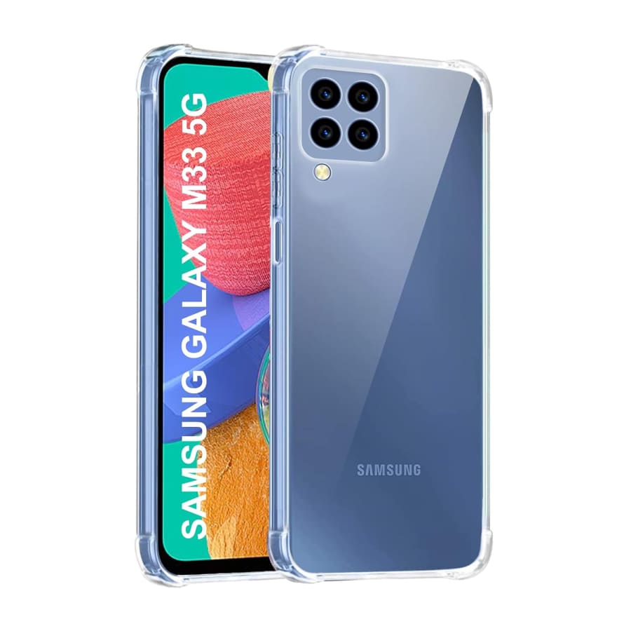 Clear protective case and screen protector for Samsung Galaxy M33 5G by 9eight5, showing the transparent design and precise fit.