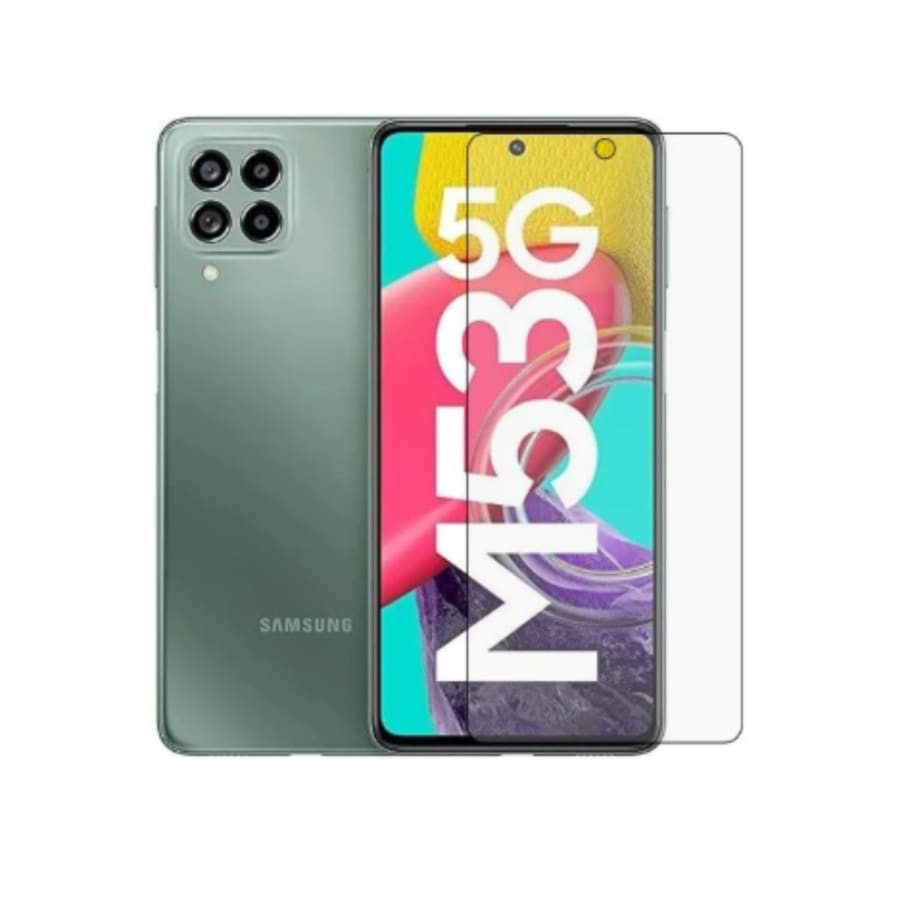 Two 9eight5 screen protectors for Samsung Galaxy M53 5G, clear protective film for screen protection in a pack of two.
