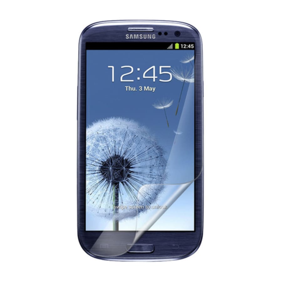 Two 9eight5 hydrogel screen protectors for Samsung Galaxy S3, showing clear, flexible film covers for screen protection.