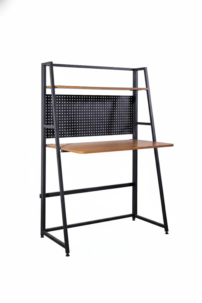 Black framed Garin computer desk with built-in shelf from sue-e furniture, featuring a sleek modern design and spacious workspace.
