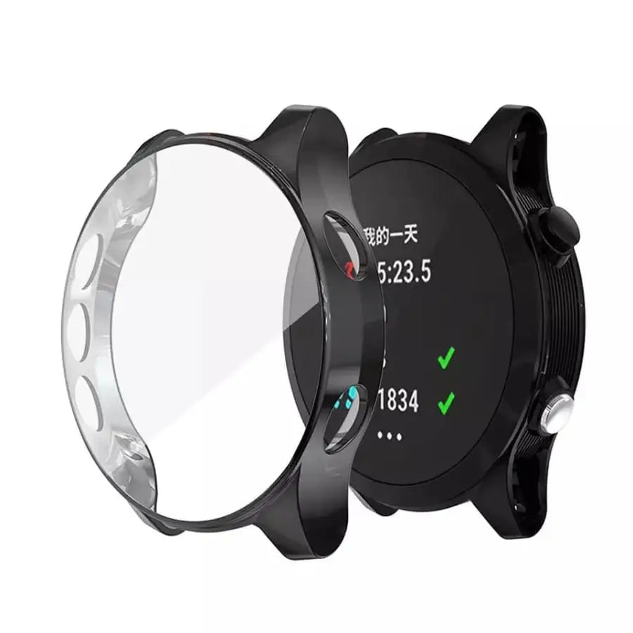 Black Habicare protective watch case for Garmin 245, designed to shield and secure the smartwatch.