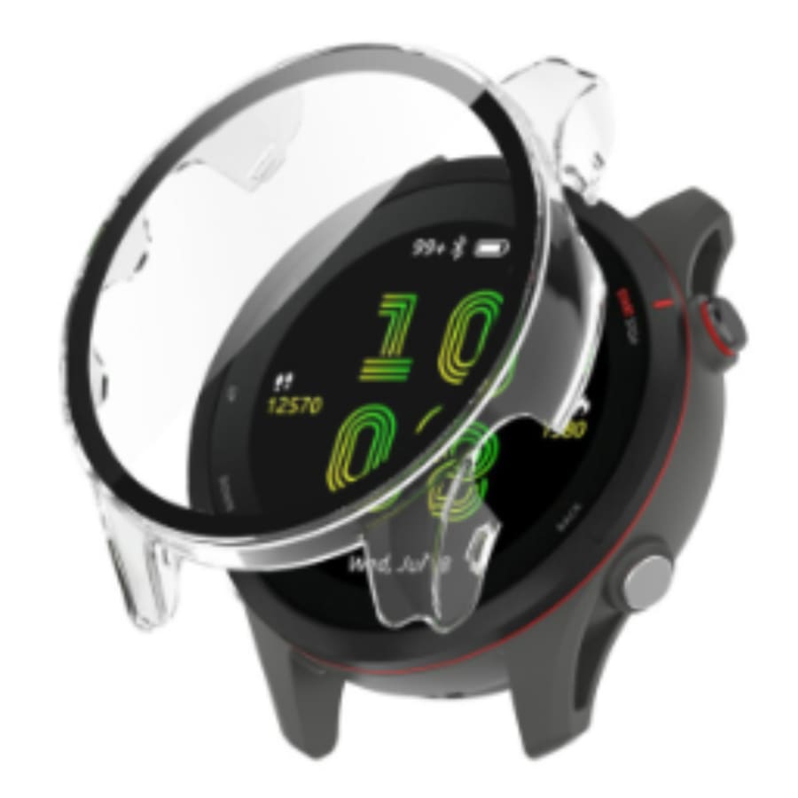 Clear protective case for Garmin 255 smartwatch, made by That Watch Shop, shown fitted on the watch with transparent coverage.