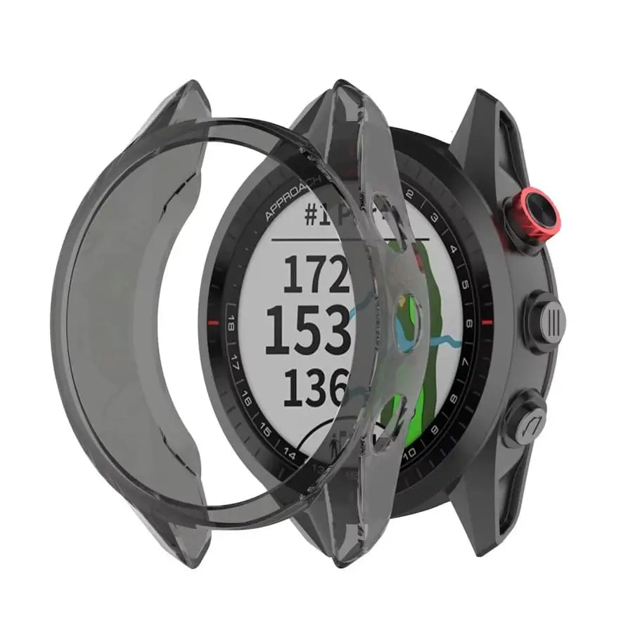 Black Habicare protective case for Garmin Approach S62 watch, designed to shield and protect the smartwatch.