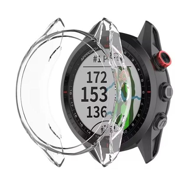 Clear protective watch case for Garmin Approach S62, made by That Watch Shop, shown fitted on the smartwatch.