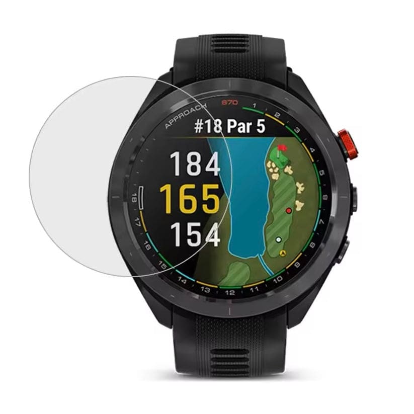 Black Garmin Approach S62 screen protectors, pack of 2, designed for watch display protection, by That Watch Shop.