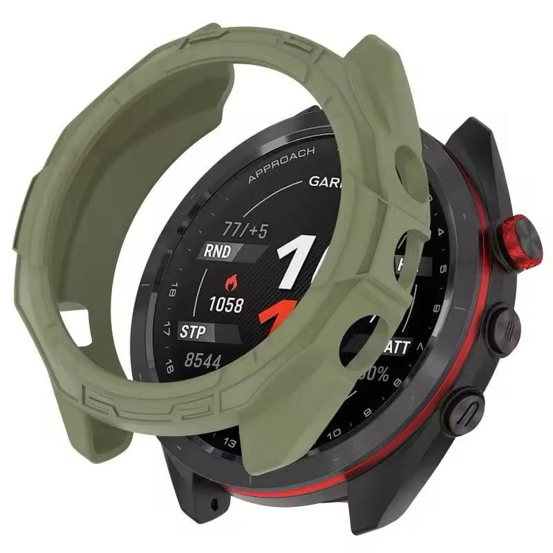Green protective case for Garmin Approach S70 47mm smartwatch, designed to guard the bezel and enhance durability.