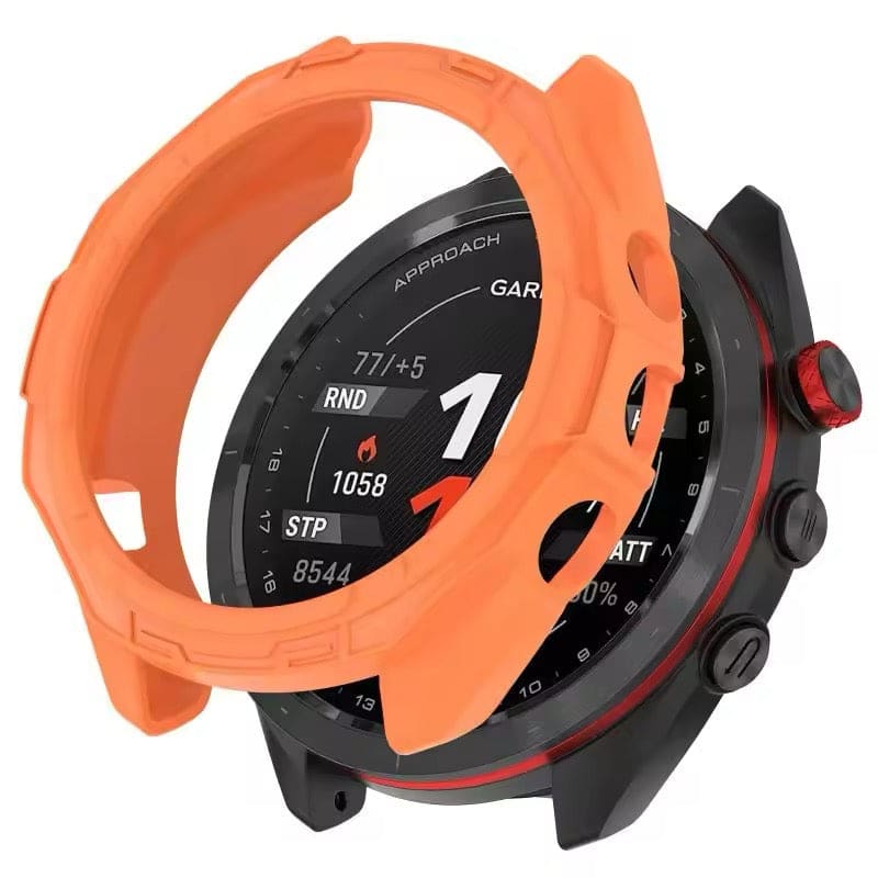 Orange Garmin Approach S70 47mm protective watch case from That Watch Shop, designed to shield the smartwatch.