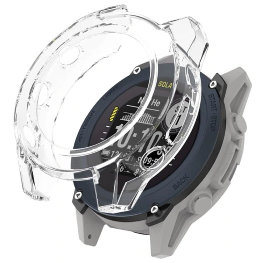 Clear protective case for Garmin Descent G1 and G2 smartwatch, made by That Watch Shop, shown on the watch displaying its face.