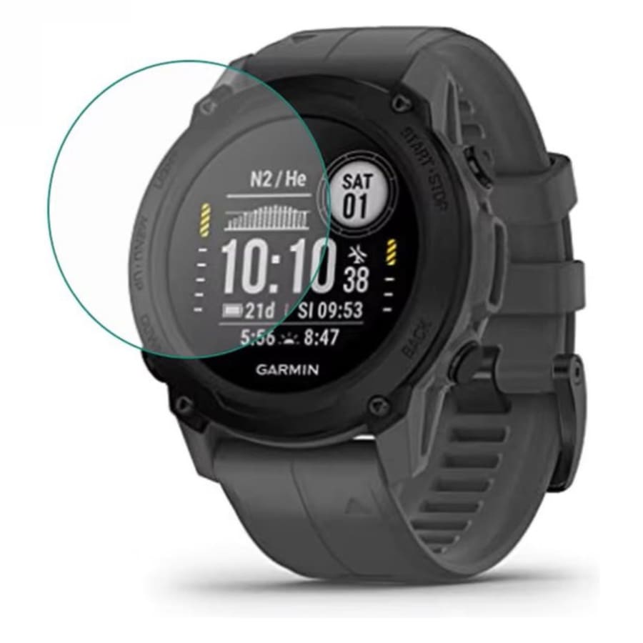 Black Garmin Descent G1/G2 watch screen protectors in a pack of two, designed to protect smartwatch screens from scratches and damage.