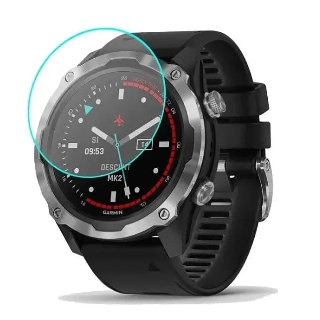 Set of five Habicare Garmin Descent Mk2/Mk2i watch screen protectors showing clear protective film on smartwatch screens.