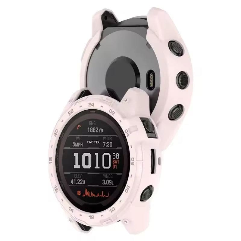Light pink protective case for Garmin Enduro 2 smartwatch, made by That Watch Shop, shown on the watch in the image.