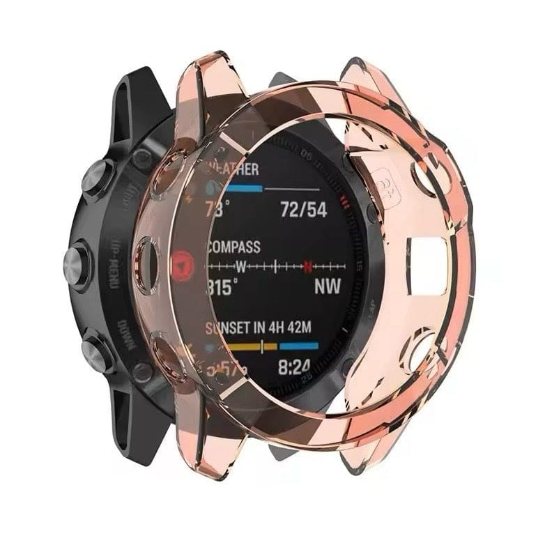 Pink protective case for Garmin Enduro smartwatch, made by That Watch Shop, shown on the watch in this image.