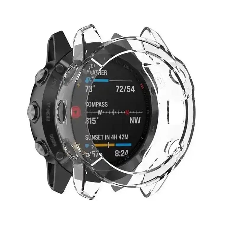 Clear protective case for Garmin Fenix 6X/6X Pro watch by Habicare, shown fitted on the watch in the image.