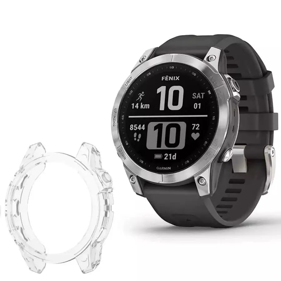 Clear protective case for Garmin fenix 7X and 7X Pro Series watch by Habicare, showing the transparent cover on the watch.