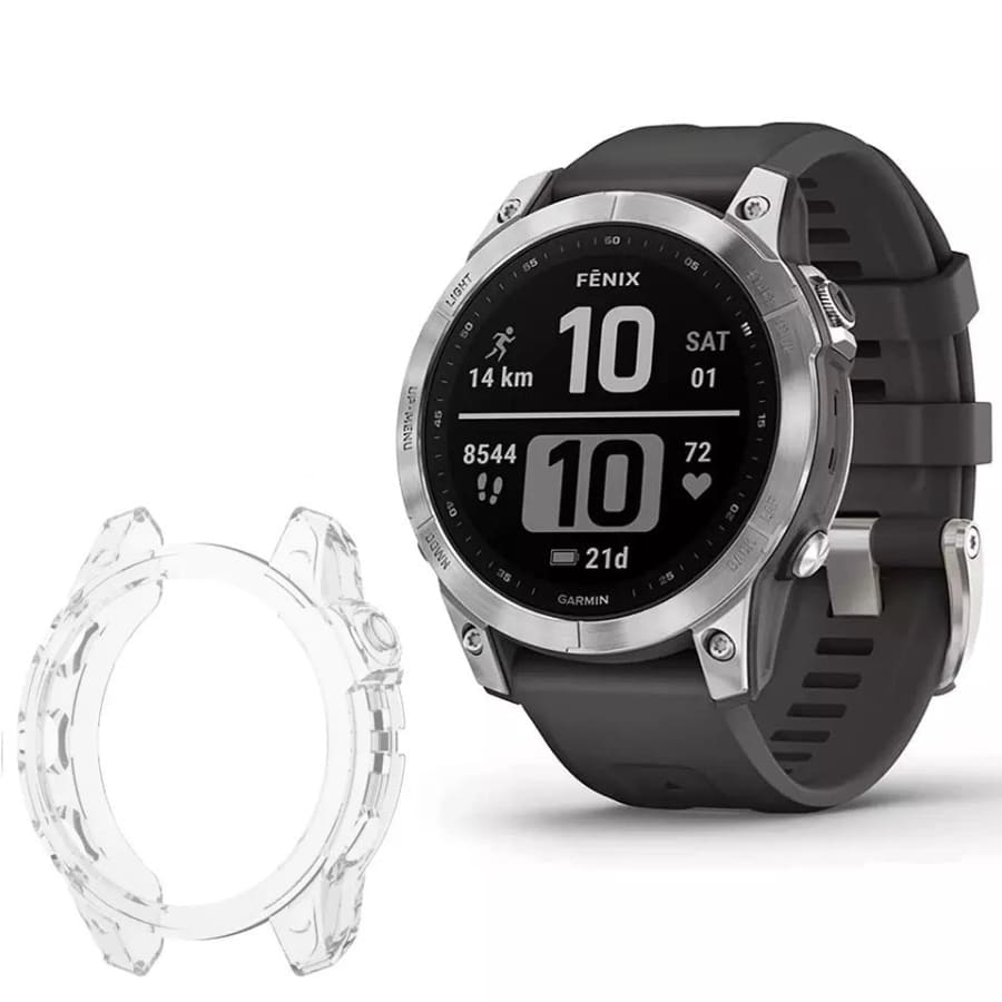 Clear protective case for Garmin Fenix 7X and 7X Pro series watch, made by That Watch Shop, showcasing the transparent watch cover.