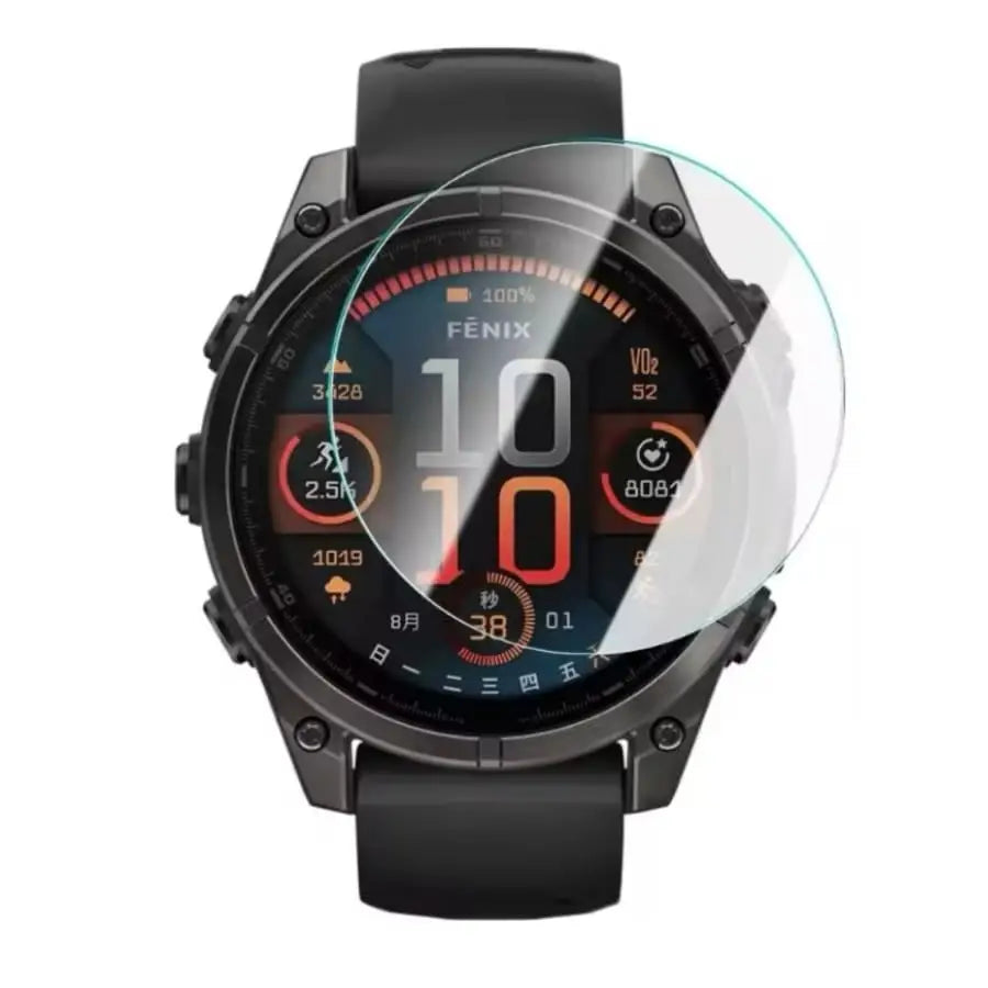 Pack of five Habicare Garmin Fenix 8 43mm series watch screen protectors showing clear, durable protective film on watch face