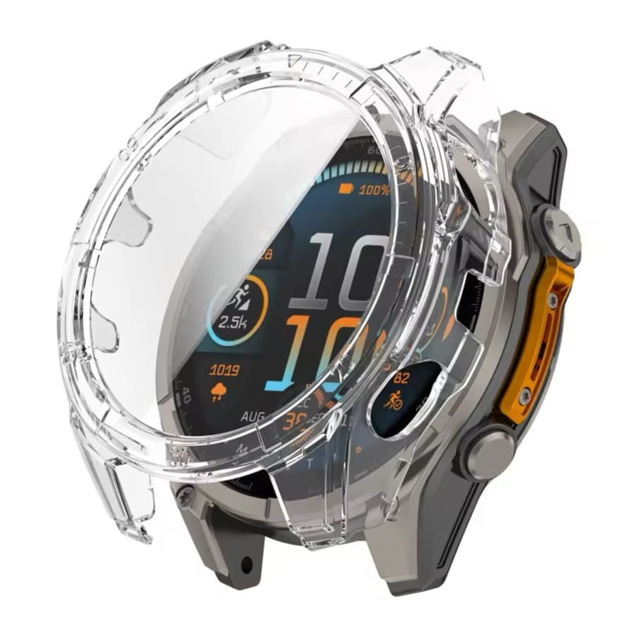 Clear protective case for Garmin Fenix 8 47mm series watch, made by That Watch Shop, shown fitted on the watch.