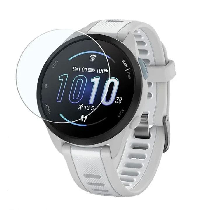 White Garmin Forerunner 165 watch screen protector showing a round smartwatch display with protective film applied.
