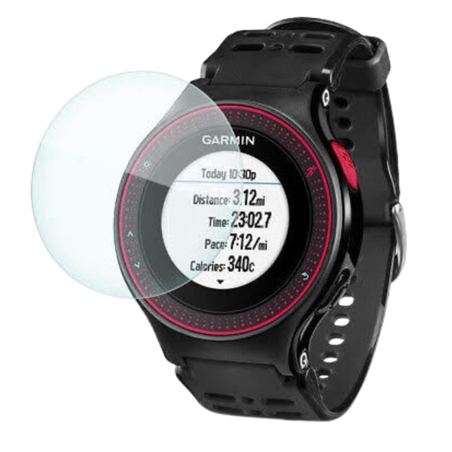 Hydrogel screen protectors for Garmin Forerunner 225, pack of 6, showing black protectors fitted on smartwatch screen.