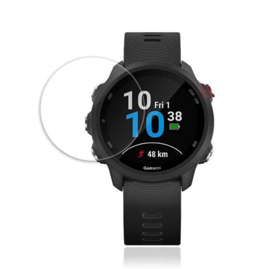 Hydrogel screen protectors for Garmin Forerunner 245 series watch, pack of 6, showing transparent film on smartwatch screen.