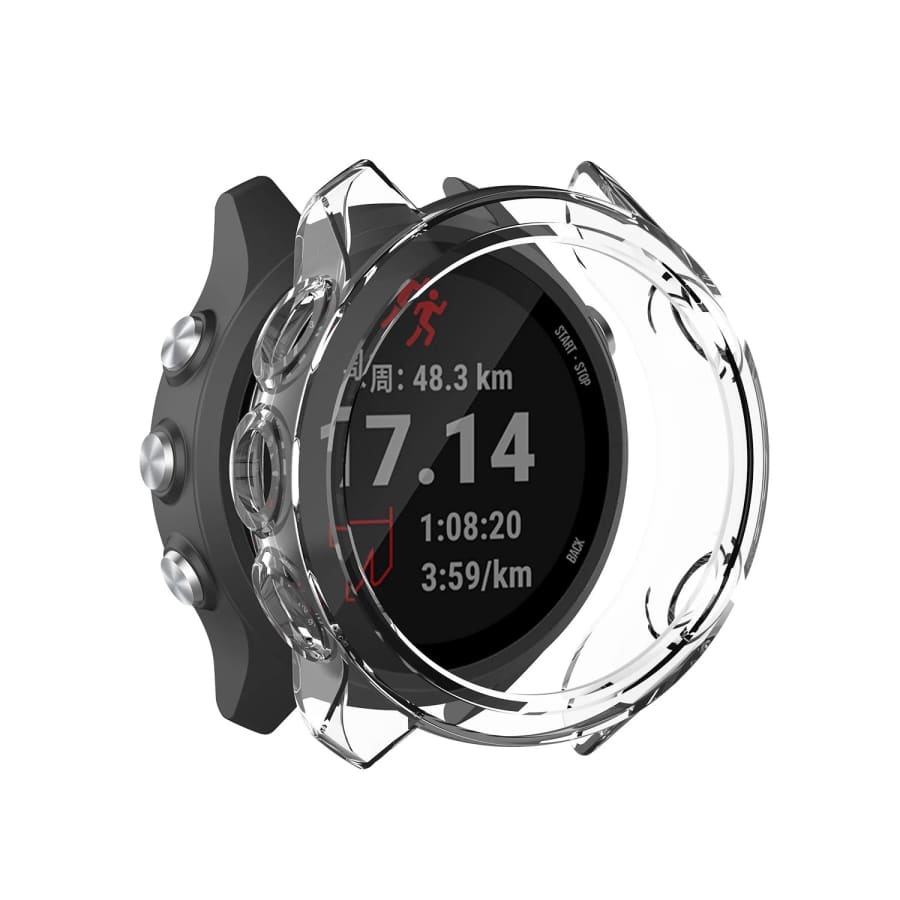 Clear protective case for Garmin Forerunner 245 series watch, designed to safeguard the device from scratches and impacts.