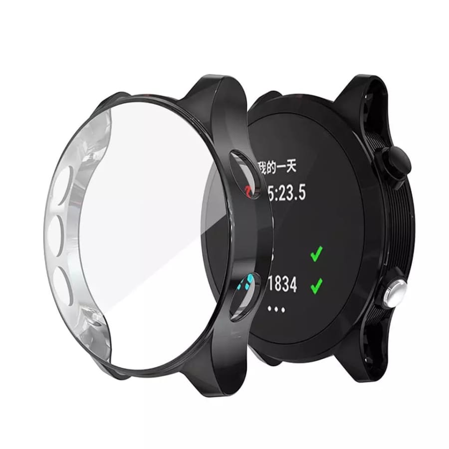 Black protective case for Garmin Forerunner 245 series watch, made by That Watch Shop, designed to shield and personalize the smartwatch.
