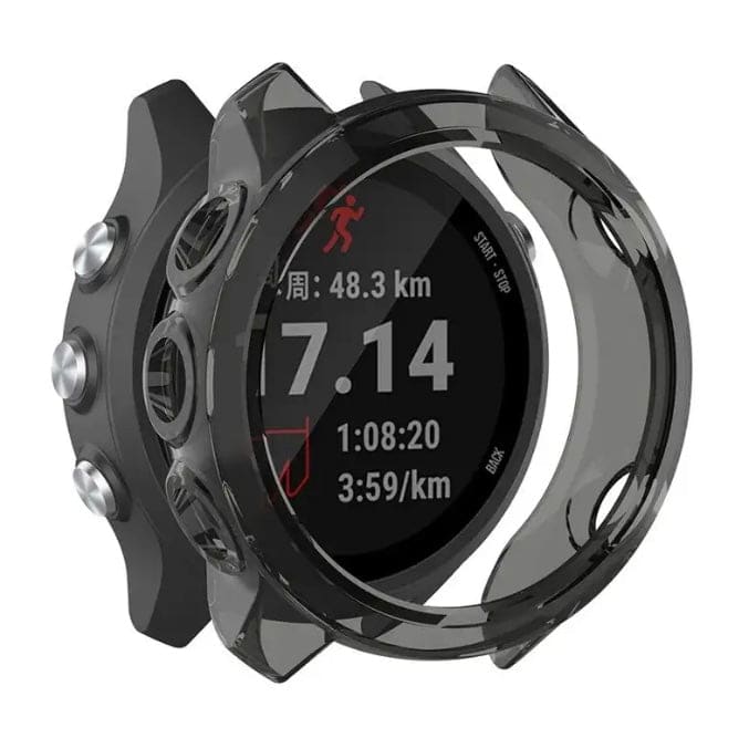 Black smoke protective case for Garmin Forerunner 245 series watch, designed to safeguard the watch with durable material.
