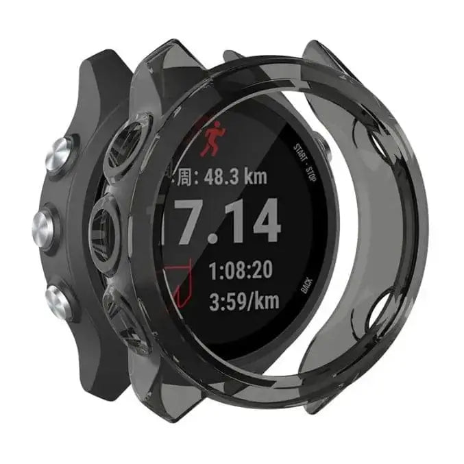 Transparent black Habicare protective case for Garmin Forerunner 245 series smartwatch, offering durable screen and body protection.
