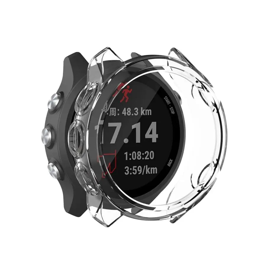 Clear Habicare protective case for Garmin Forerunner 245 series watch, providing screen and body protection.