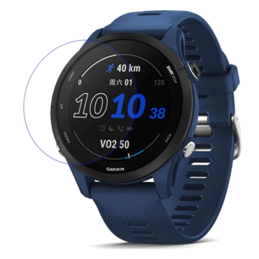 Hydrogel screen protectors for Garmin Forerunner 255 smartwatch, pack of 6, showing clear, flexible protective layers on watch screen