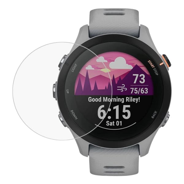 Pair of Garmin Forerunner 255 watch screen protectors, tempered glass shields for enhanced durability and clear visibility.